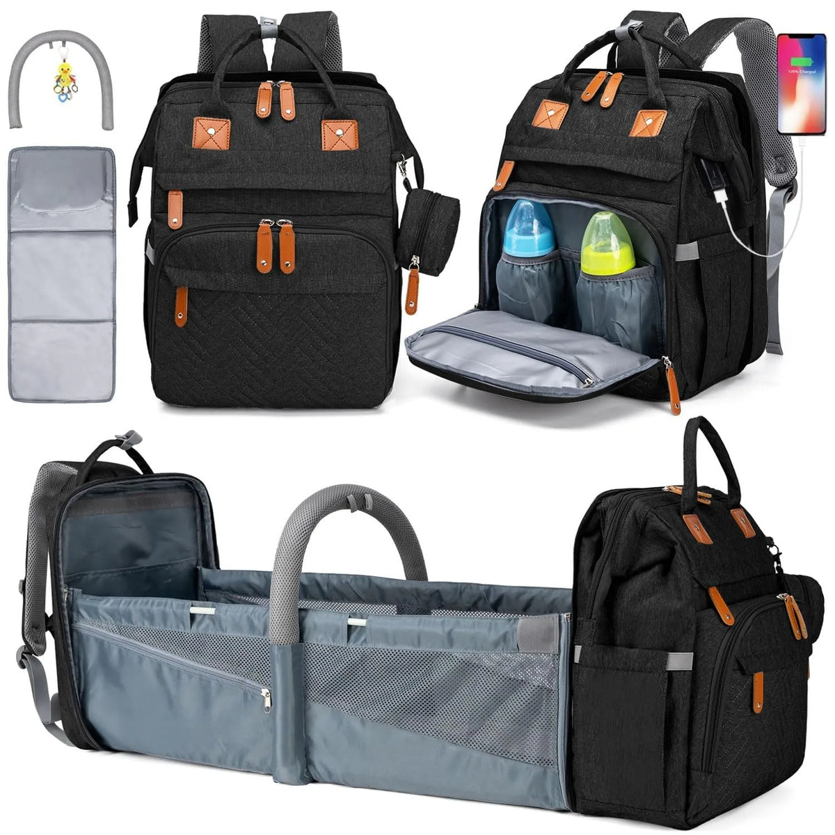4-in-1 Diaper Bag Backpack — Folding Bed & Changing Station