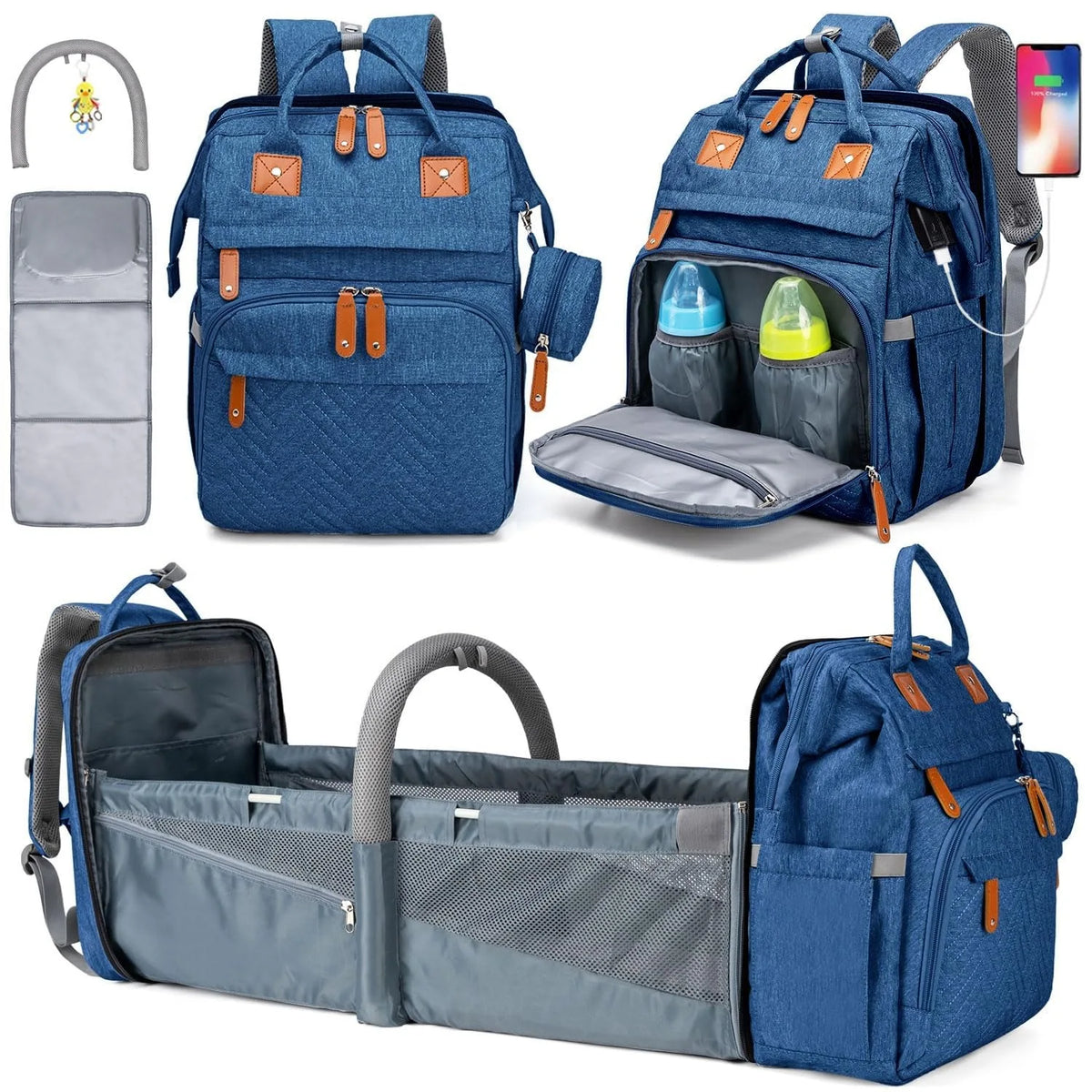 4-in-1 Diaper Bag Backpack — Folding Bed & Changing Station
