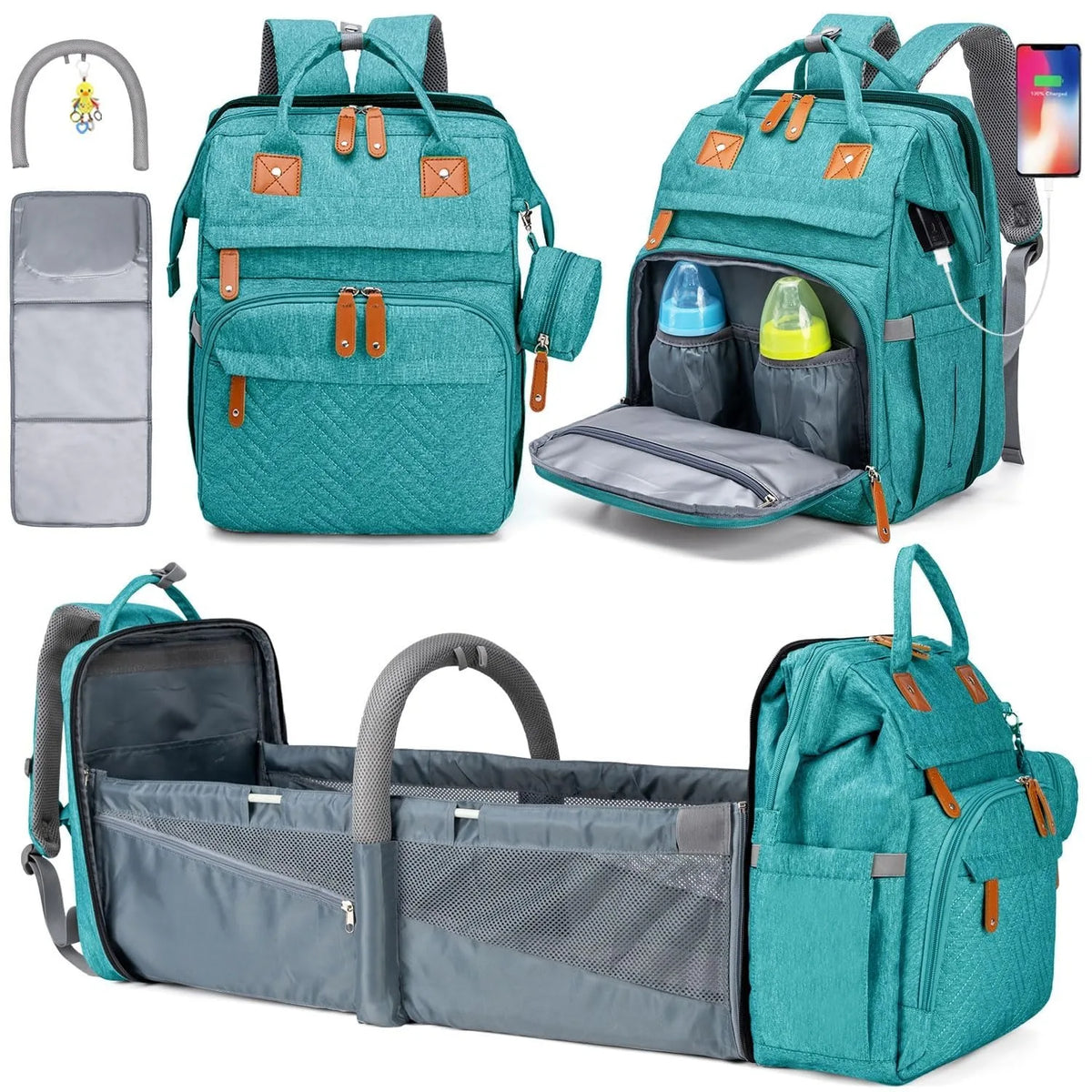4-in-1 Diaper Bag Backpack — Folding Bed & Changing Station