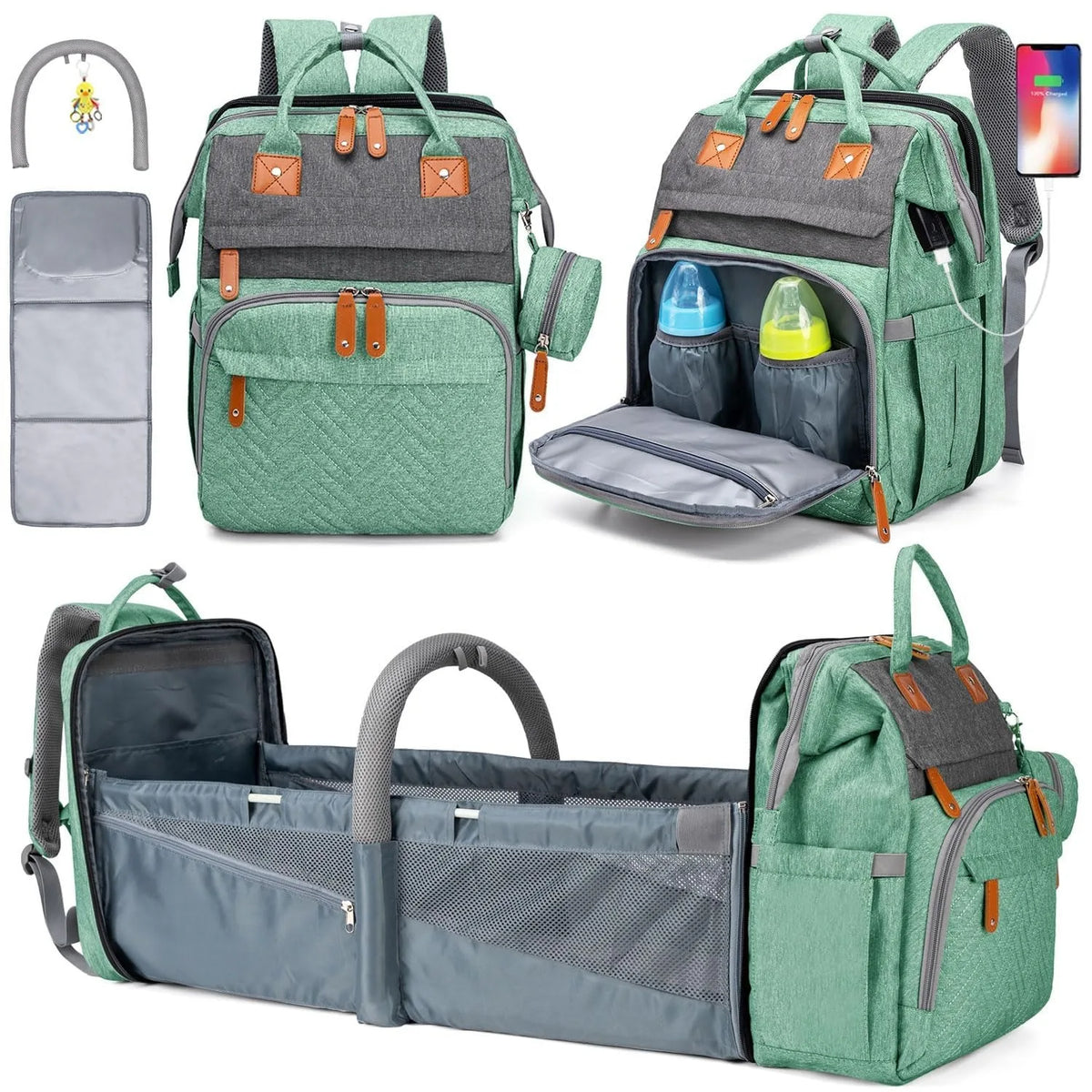 4-in-1 Diaper Bag Backpack — Folding Bed & Changing Station