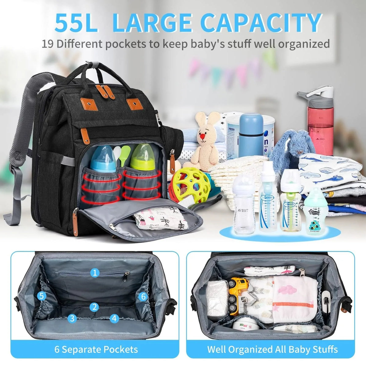 4-in-1 Diaper Bag Backpack — Folding Bed & Changing Station