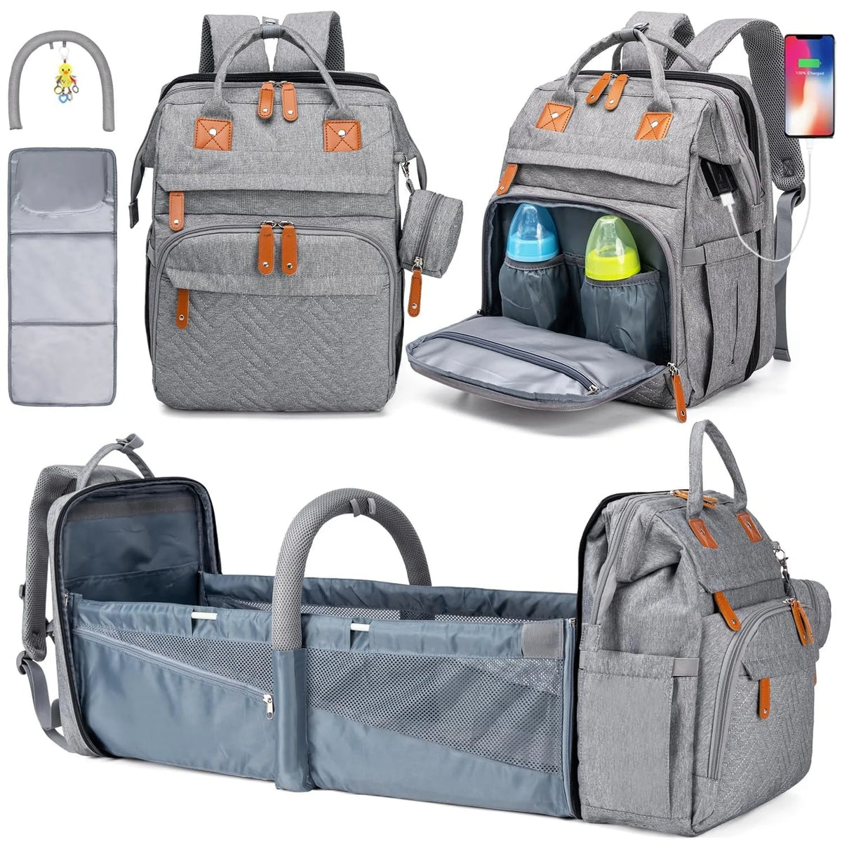 4-in-1 Diaper Bag Backpack — Folding Bed & Changing Station
