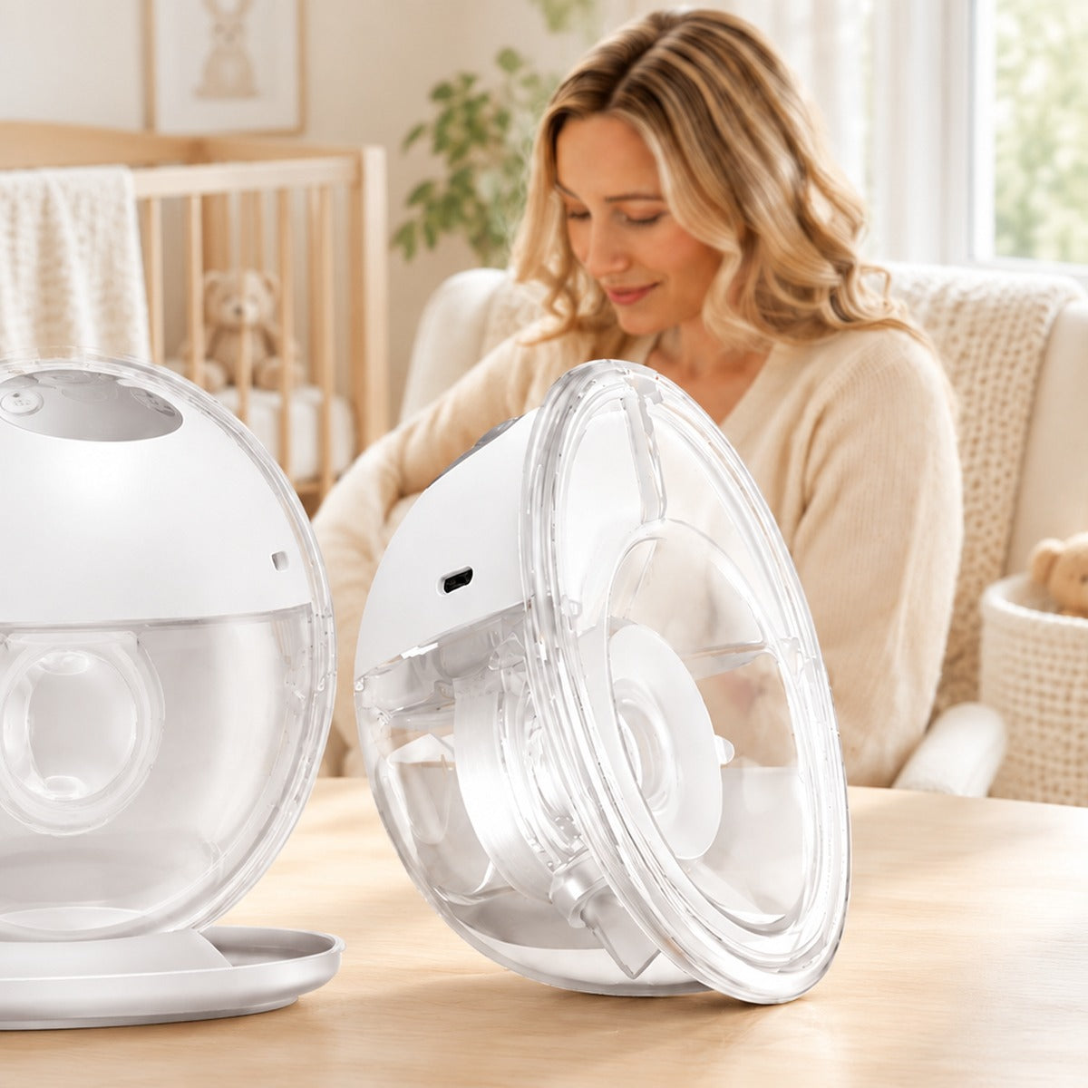 Mother holding her baby with the breast pump nearby