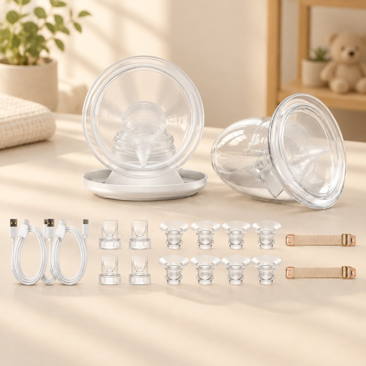Wearable breast pump set neatly arranged