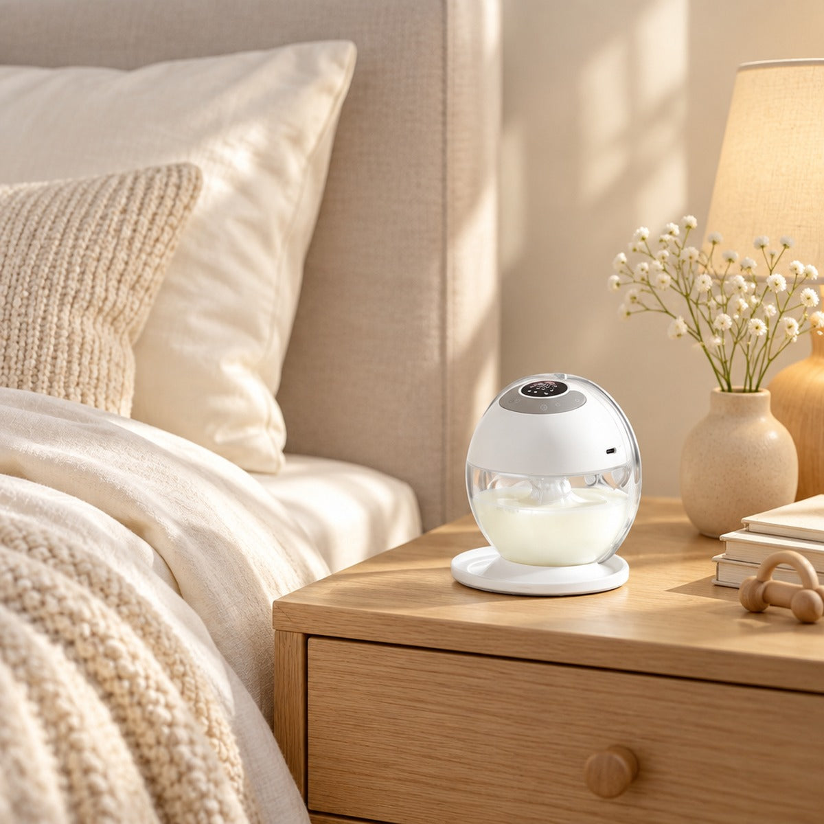 Breast pump on a nightstand beside a cozy bed