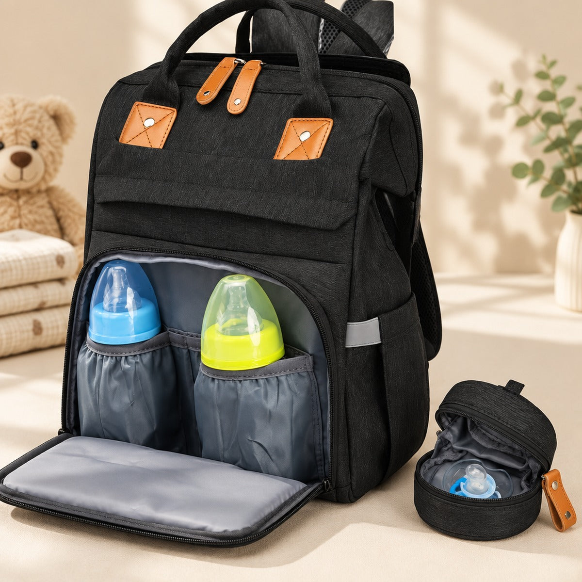 Open diaper bag backpack with organised compartments