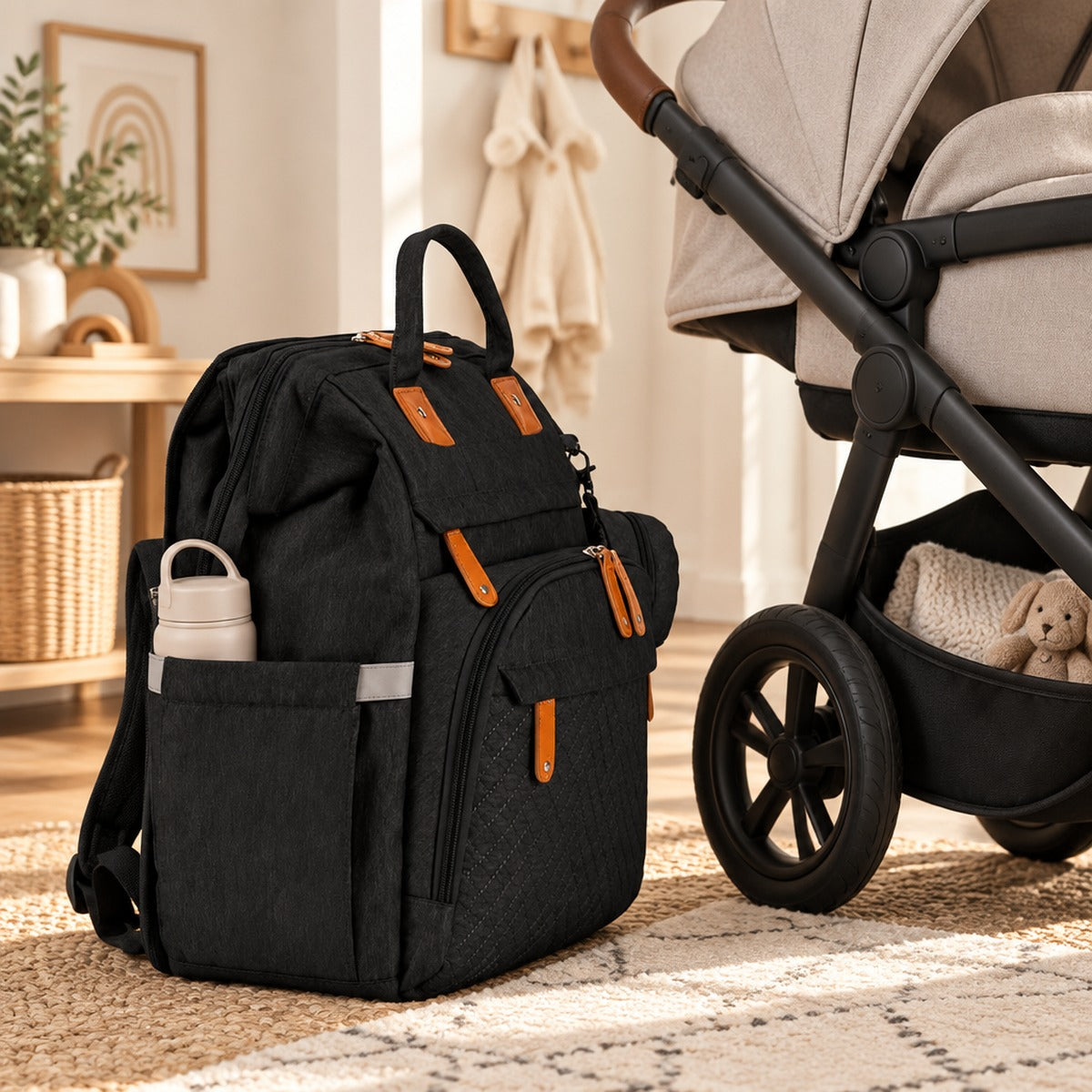 Diaper bag backpack beside a stroller